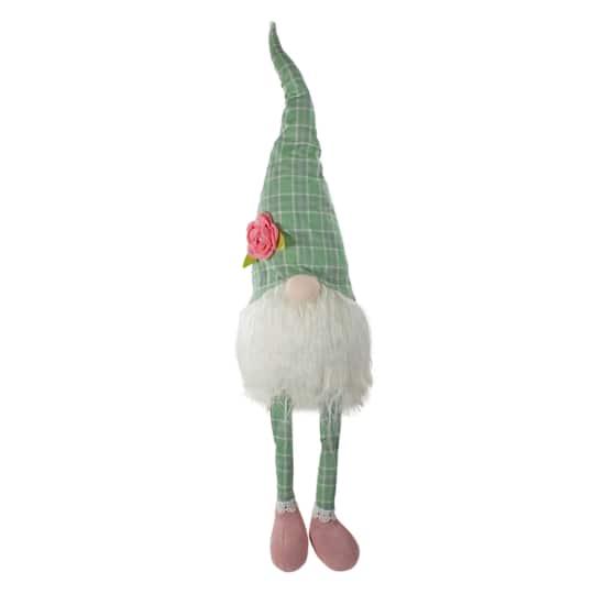28&#x22; Green &#x26; White Plaid Spring Gnome with Dangling Legs Figure